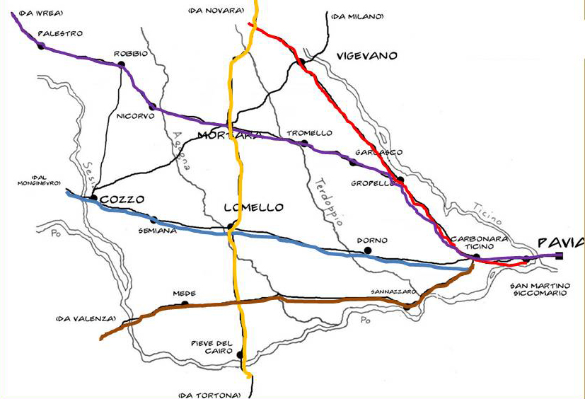 Principali tratti viari della Lomellina Alto Medievale